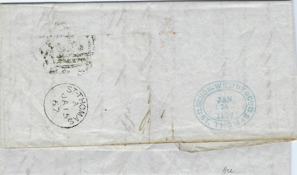 Danish West Indies 1867 entire to London written from Santiago de Cuba franked Great Britain 1s green, plate 4, DI tied by C51 obliterator, arrival cds to left, reverse with oval company chop and fine St Thomas cds.