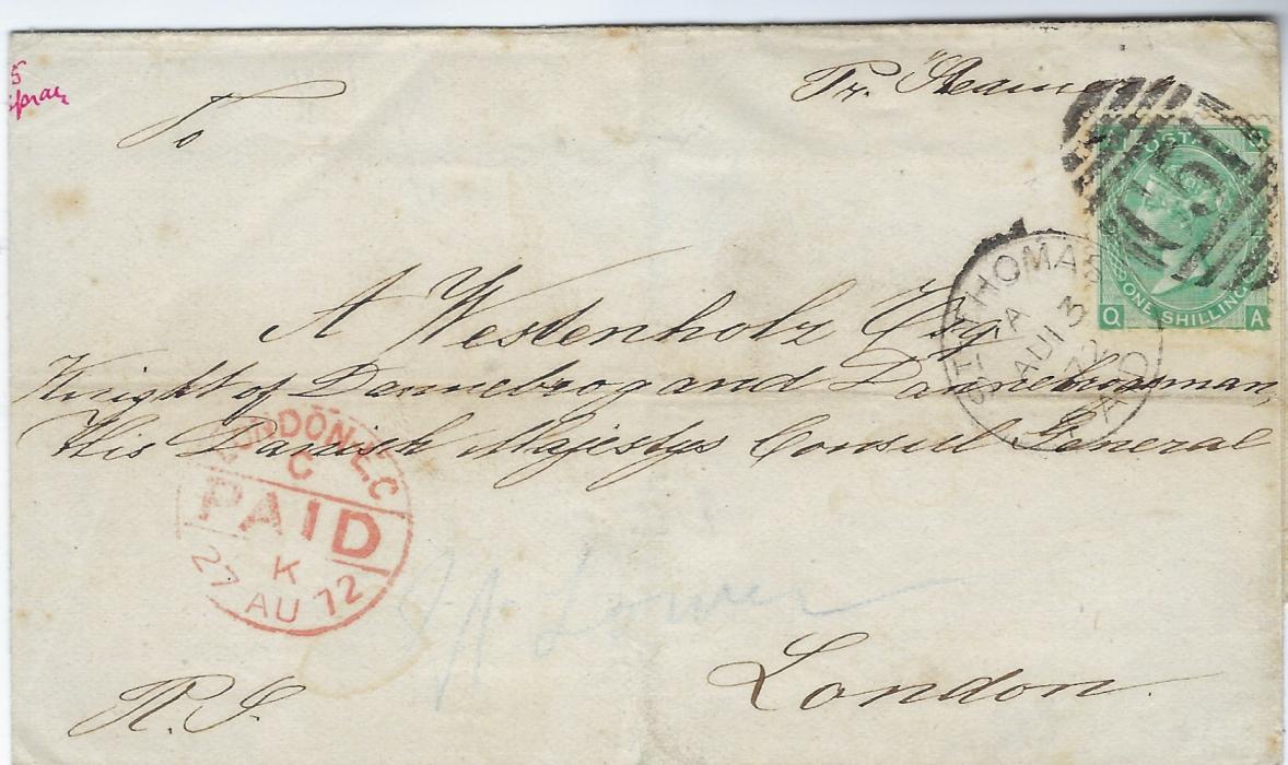 Danish West Indies 1872 (AU 13) outer letter sheet to Danish Consul General at London, franked 1s green, plate 5, QA tied ‘C51’ obliterator and St Thomas cds, red arrival at left and further red London cds on reverse.