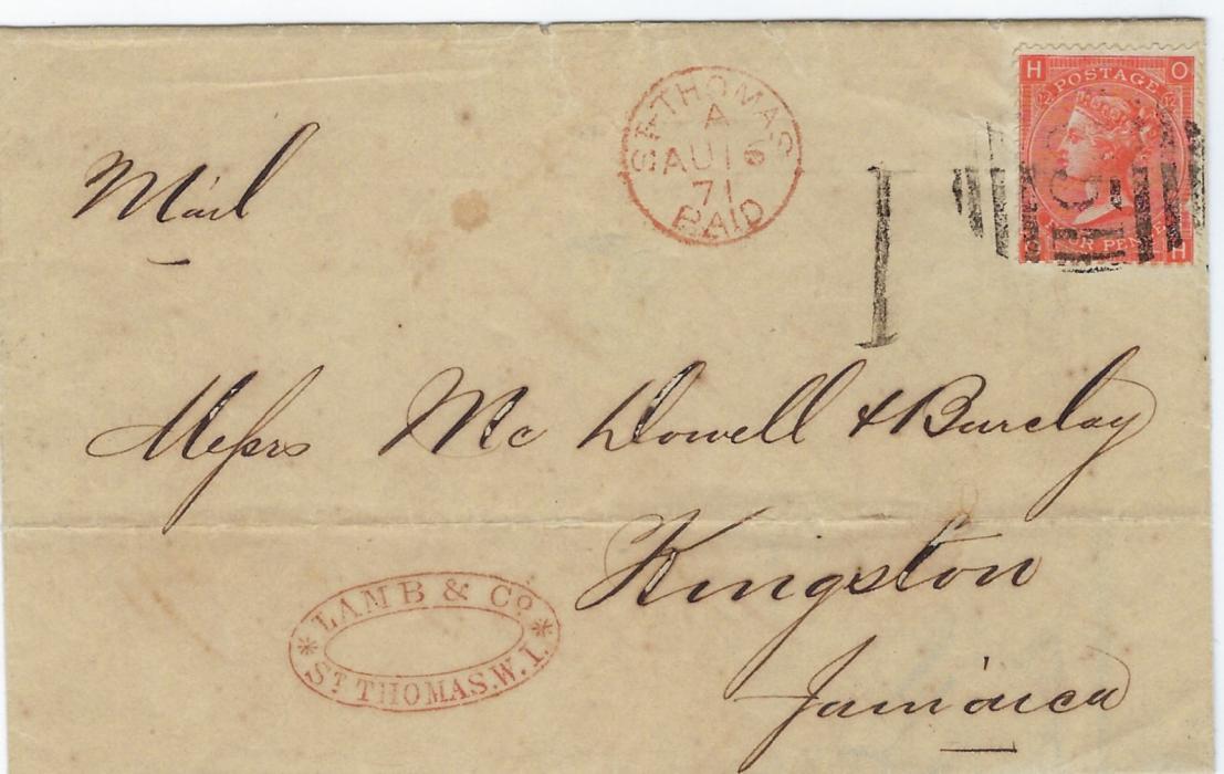 Danish West Indies 1871 (AU 16) outer letter sheet to Kingston, Jamaica franked Great Britain 4d. vermilion, plate 12, OH tied ‘C51’ obliterator, St Thomas Paid cds alongside, arrival backstamp.