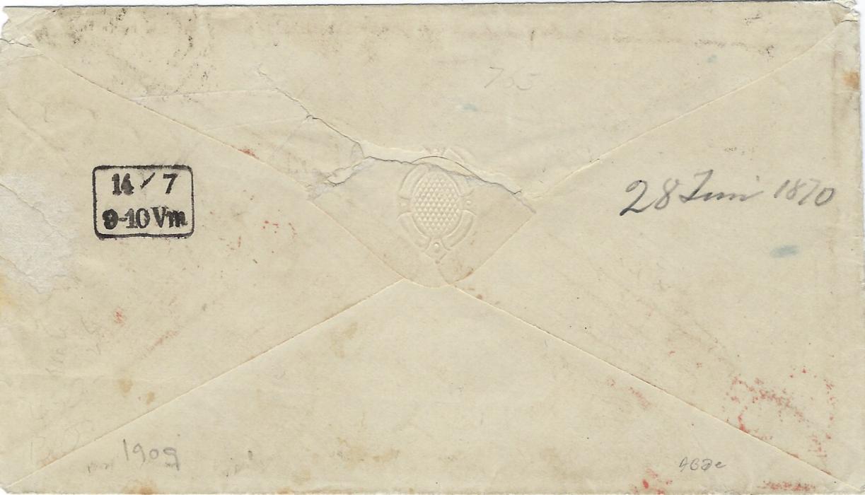 Danish West Indies 1870 (JU 29) cover to Hamburg, endorsed “per Steamer/ via Ostende” franked 1858-79 1d red, plate 125, FG, 1867-70 3d. rose, plate 5, two singles and a pair, OA, OB-OC and NC plus two 10d. pale red-brown, plate 1, PE and QK cancelled ‘C51’ obliterators (faintly on 1d.), St Thomas Paid cds, oval-framed PD and London Paid cds at left, framed arrival backstamp of 14/7; one 10d. with slight surface abrasions and 3d. pair light toning at top, repaired tear in envelope bottom left, still a fine correctly franked double weight cover.