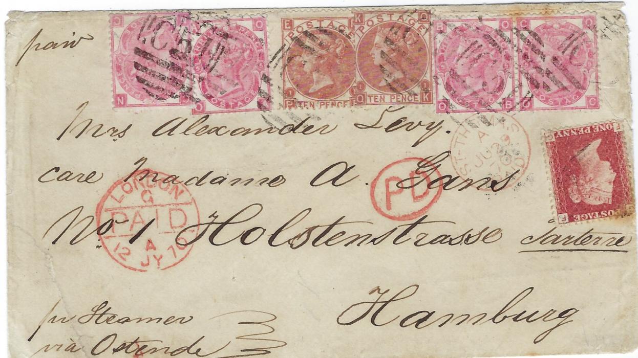 Danish West Indies 1870 (JU 29) cover to Hamburg, endorsed “per Steamer/ via Ostende” franked 1858-79 1d red, plate 125, FG, 1867-70 3d. rose, plate 5, two singles and a pair, OA, OB-OC and NC plus two 10d. pale red-brown, plate 1, PE and QK cancelled ‘C51’ obliterators (faintly on 1d.), St Thomas Paid cds, oval-framed PD and London Paid cds at left, framed arrival backstamp of 14/7; one 10d. with slight surface abrasions and 3d. pair light toning at top, repaired tear in envelope bottom left, still a fine correctly franked double weight cover.
