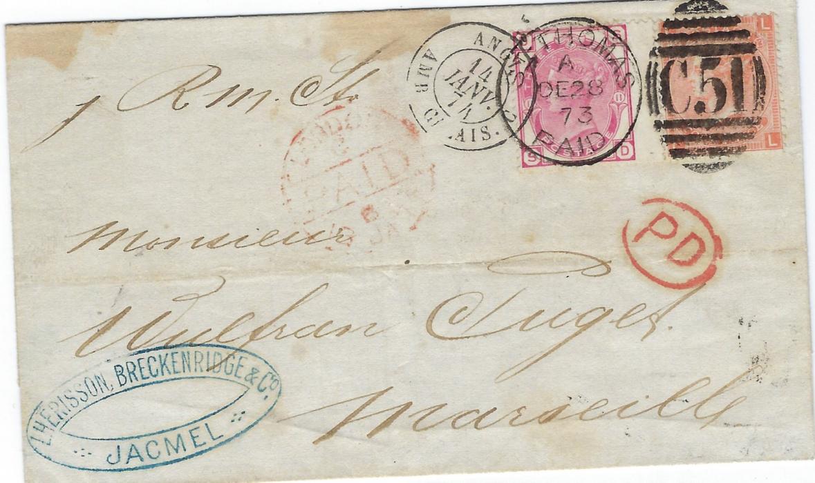 Danish West Indies 1873 outer letter sheet to Marseille datelined 26th October from Jacmel, Haiti bearing company chops front and back and carried privately to St Thomas where franked Great Britain 1873-80 3d rose, plate 11, SD and 1865-73 4d. plate 13, LL tied ‘C51 St Thomas Paid’ duplex, red oval-framed PD and London tranit, French entry cds additionally tying 3d., reverse with Paris transit and arrival; a couple of light stains not unduly detracting from fine appearance.