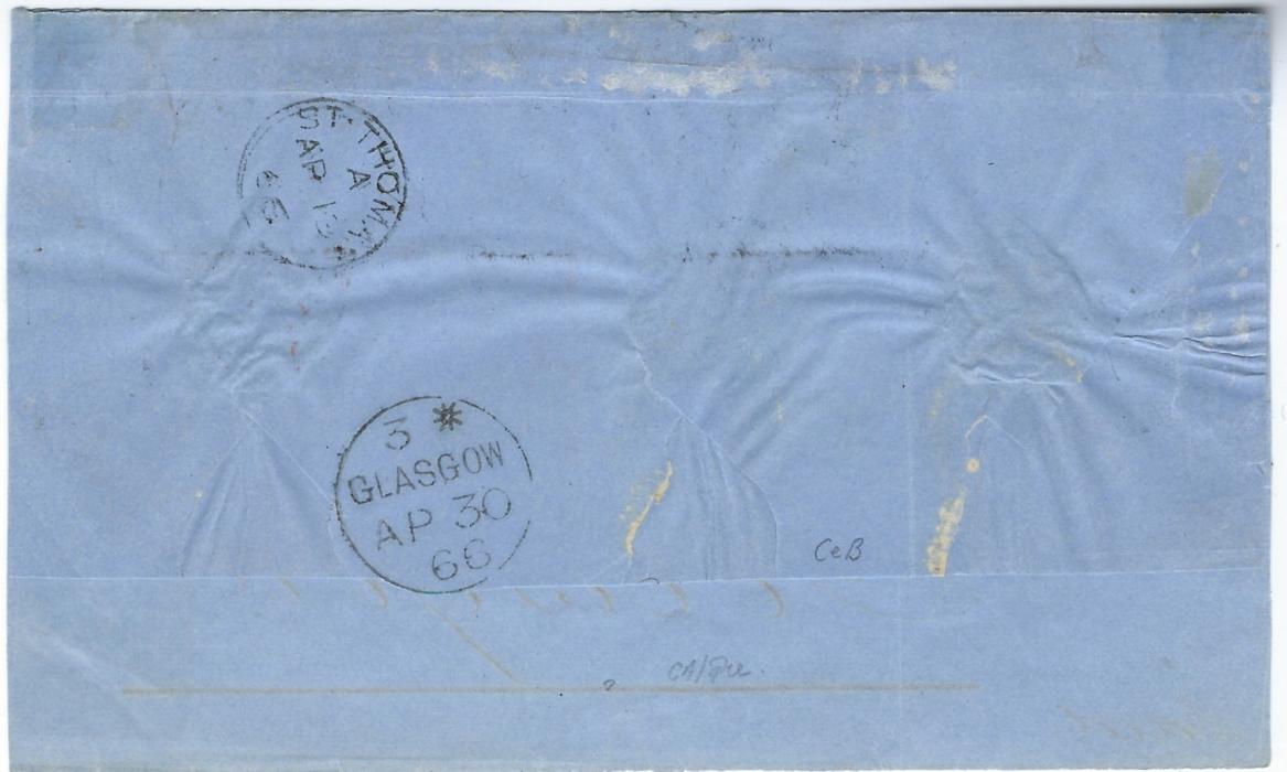 Danish West Indies 1866 part entire to Glasgow franked pair Great Britain 6d. lilac, plate 5, FE-FF cancelled by ’C51’ obliterator, St Thomas transit backstamp, red London transit on front and arrival backstamp.