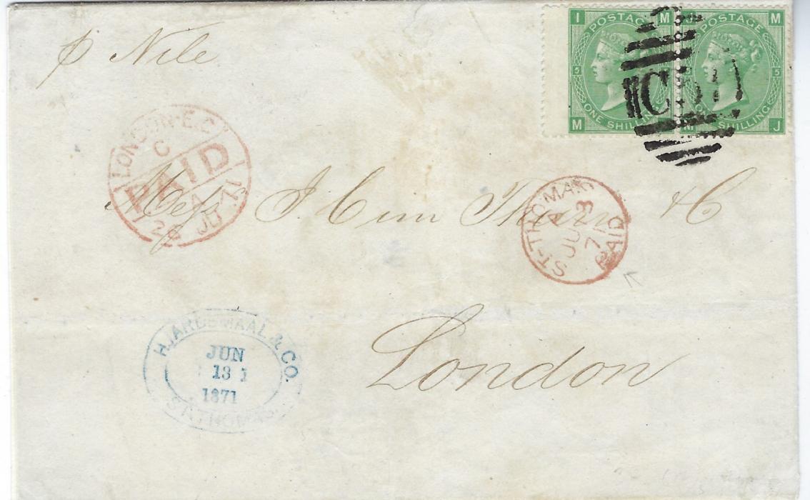 Danish West Indies 1871 cover front to London franked pair Great Britain 1867-80 1s. green, plate 1, MI-MJ cancelled by ‘C51’ obliterator, red St Thomas Paid cds below, arrival at left; fine condition but only the front.