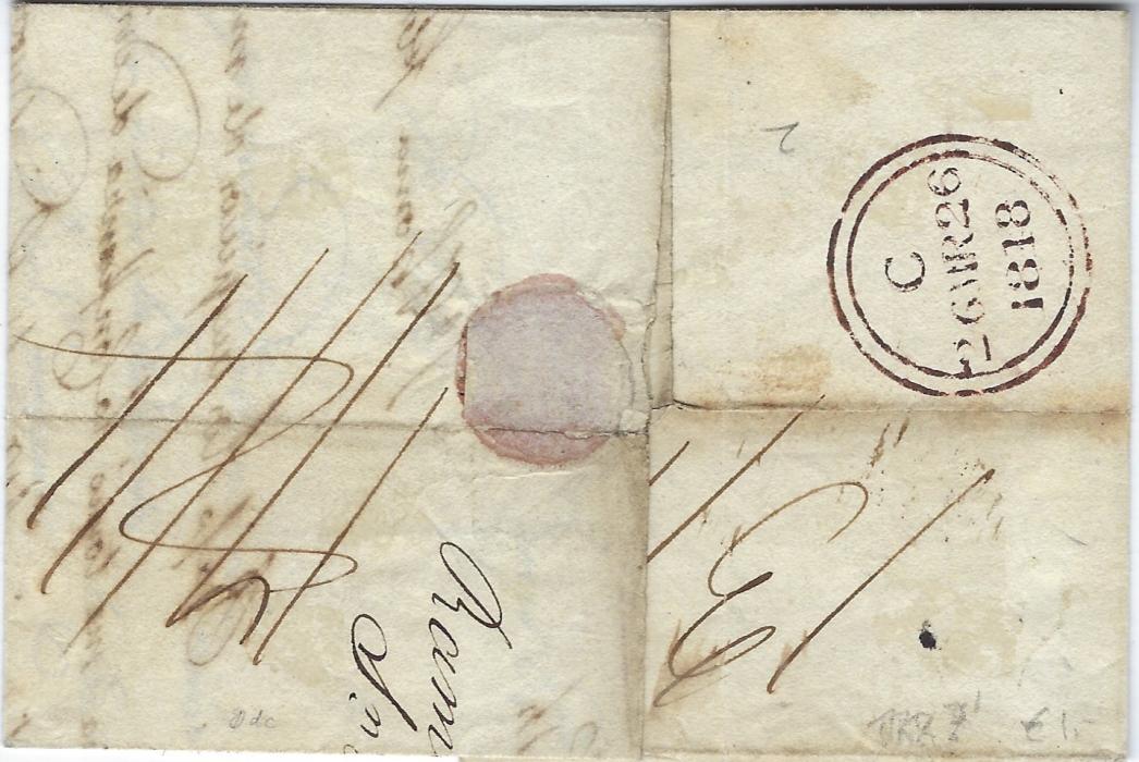 Danish West Indies 1818 (Feb 18) entire to London bearing good strike of rare straight-line St THOMAS handstamp, arrival backstamp of 26 MR; horizontal filing crease not detracting from fine example of this cancel of the British Post Office.