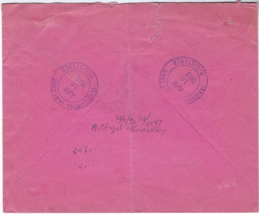 Danish West Indies 1919 registered cover to New York franked 10c. (registration), 2c. (postage) and 1c (War Tax) cancelled by two-line Christiansted, St. Croix,/ Virgin Islands of U.S., reverse with two registered date stamps and arrival; light vertical filing crease, attractive and early.