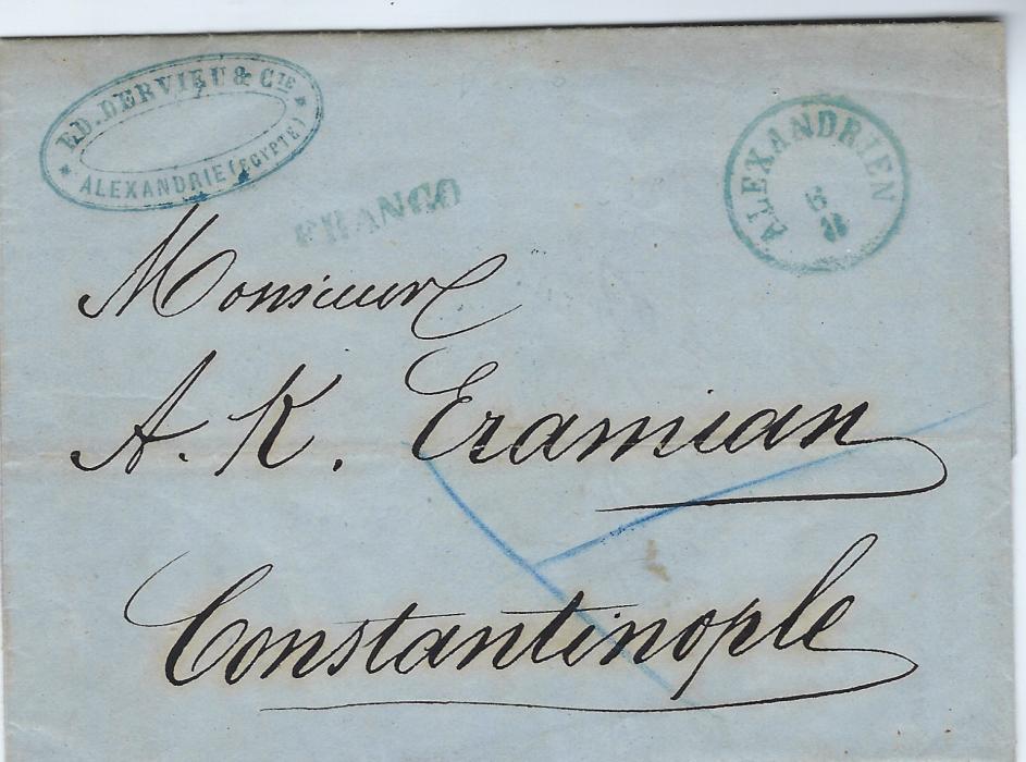 Egypt (Austrian Post Office) 1861 entire to Constantinople written in french bearing blue Alexandrien cds and straight-line FRANCO handstamp, arrival backstamp; fine clean example.
