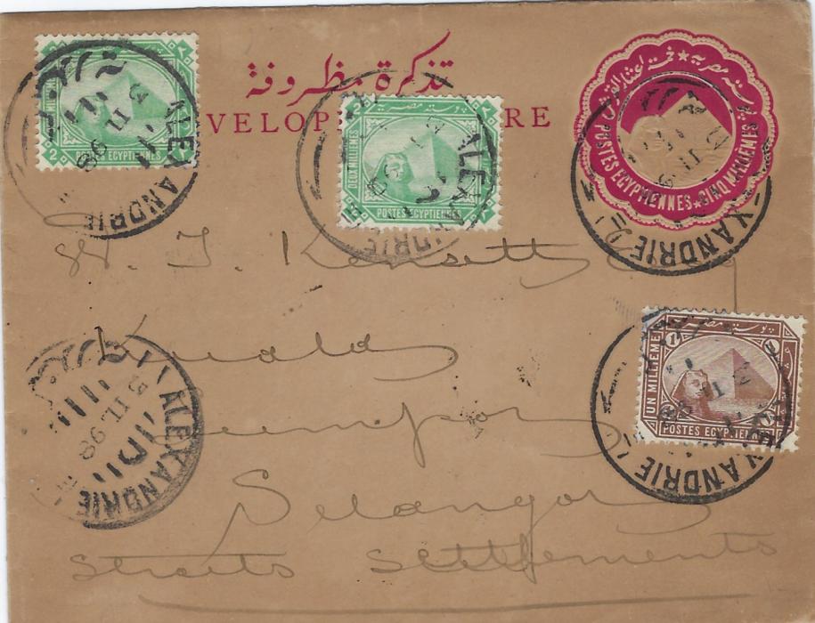 Egypt 1898 (3 II) 5m. postal stationery letter card to Selangor, Straits Settlements additionally franked 1m. and two 2m. tied Alexandrie cds, reverse with red London transit of MR 1, Singapore transit (MR 1) and Klang and Kuala Lumpur arrivals; some overall toning.