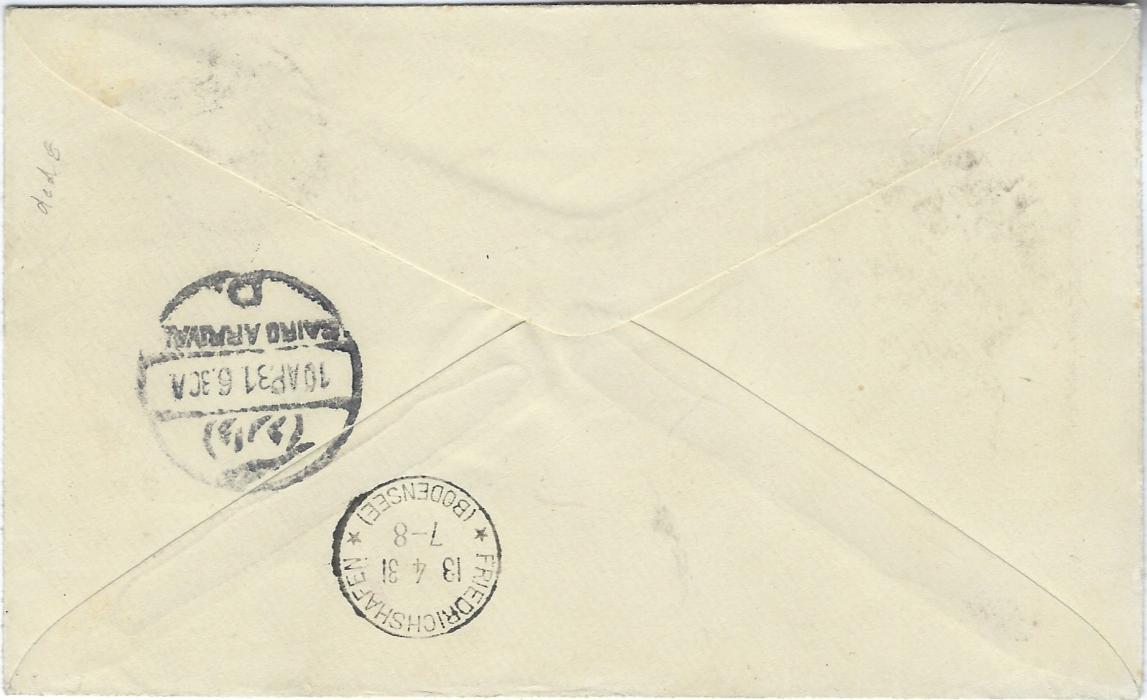 Egypt (Zeppelin Mail) 1931 (9 AP) cover to Birmingham  franked 100m on 27m cancelled and tied by the extremely rare bilingual SUEZ/ GRAF ZEPPELIN with another superb strike at left, reverse with Cairo and Friedrichshafen transits; fine and clean condition.