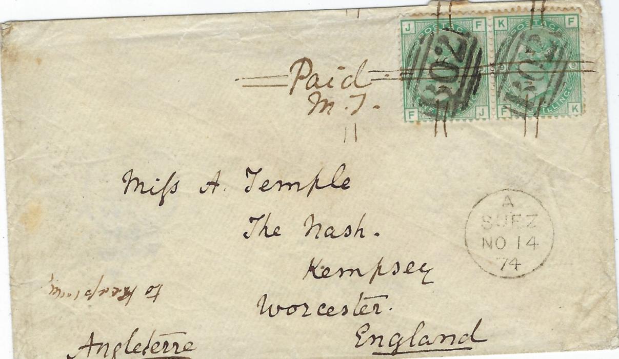 Egypt British Post Office: 1874 (No 14) cover to Kempsey, Worcester franked pair Great Britain 1s. green, plate 9, FJ-FK, cancelled by two B02 obliterators, the stamps being additionally tied by sender with parallel pen lines, below with fine A/ SUEZ date stamp in black, reverse with arrival cancels.