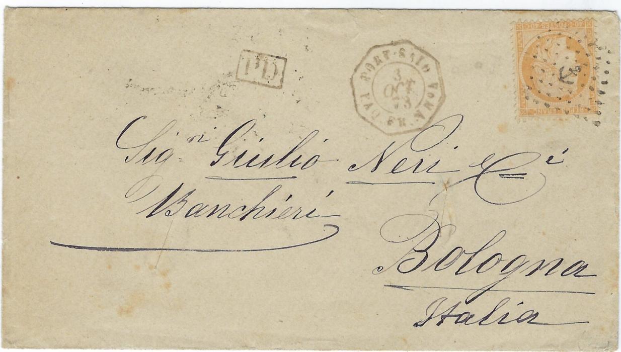 Egypt (French Post Office) 1873 disinfected cover to Bologna, Italy franked Ceres 40c. cancelled by ‘anchor’ in lozenge with octagonal Port Said Paq. Fr. N No.4, reverse with transits of Alessandria and Napoli plus arrival cds. Tear in backflap slightly extending on to front.