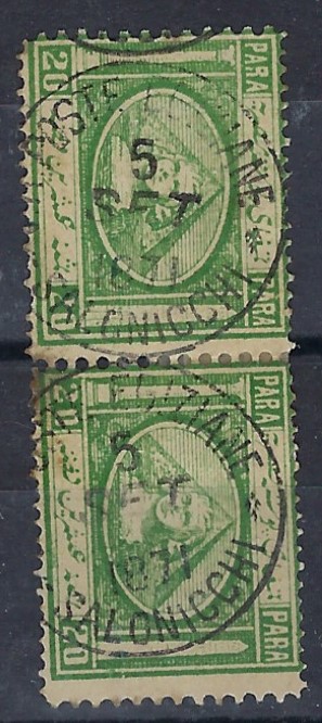 Egypt (Used Abroad) 1867-71 20pa green in horizontal pair with Poste Egiziane Salonicchi cds of 5 Set 1871; fine and scarce.