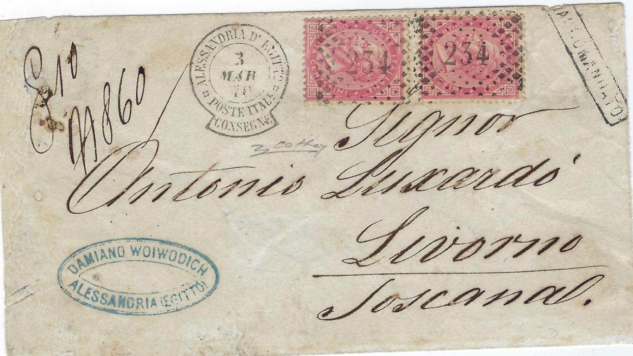 Egypt (ITalian Post Office) 1870 (3 Mar) registered cover to Livorno franked two Italy 1866 40c. (Sassone T20) cancelled by fine 234 numeral lozenges with very fine strike of the rare keyhole Alessandria DEgitto Poste Itale/ Consegne date stamp, reverse with Brindisi transit and arrival cds; a few insignificant flaws to envelope, stamps and cancel very fine and rare.