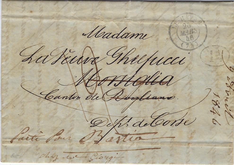British Guiana 1846 long entire datelined Guayania (24th Febrier)  to Morsiglia, Corsica, carried to St Thomas, D.W.I. where large oval Forwarded By Henry Degetan & Co./ St Thomas handstamp with manuscript date (2/3 46), redirected upon arrival with double-ring Rogliane cds od 4 Avril and two smaller Bastia cds above, reverse also shows blue oval handstamp, a little unclear with manuscript echeminee par at centre. Front bears Le Havre transit and rating handstamp. 