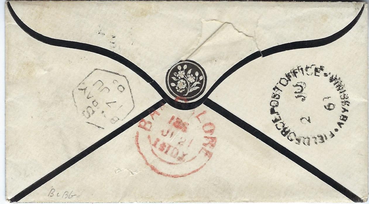 India (Abyssinia Field Force) 1868 mourning cover to a Colonel Macintire/ Commanding Royal Artillery/ Bangalore, endorsed Via Bombay and franked India Four Annas cancelled by F.F. in bars, reverse with fine Filed Force Post Office Abyssinia, hexagonal Bombay transit and Bangalore, small tear in backflap, a scarce cover.