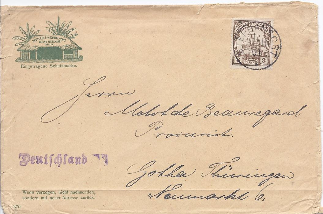 German New Guinea 1901 illustrated cover to Gotha, Germany franked with 3pf. paying the printed matter rate and tied Stephansort cds; without backstamps, slight faults to periphery of envelope.