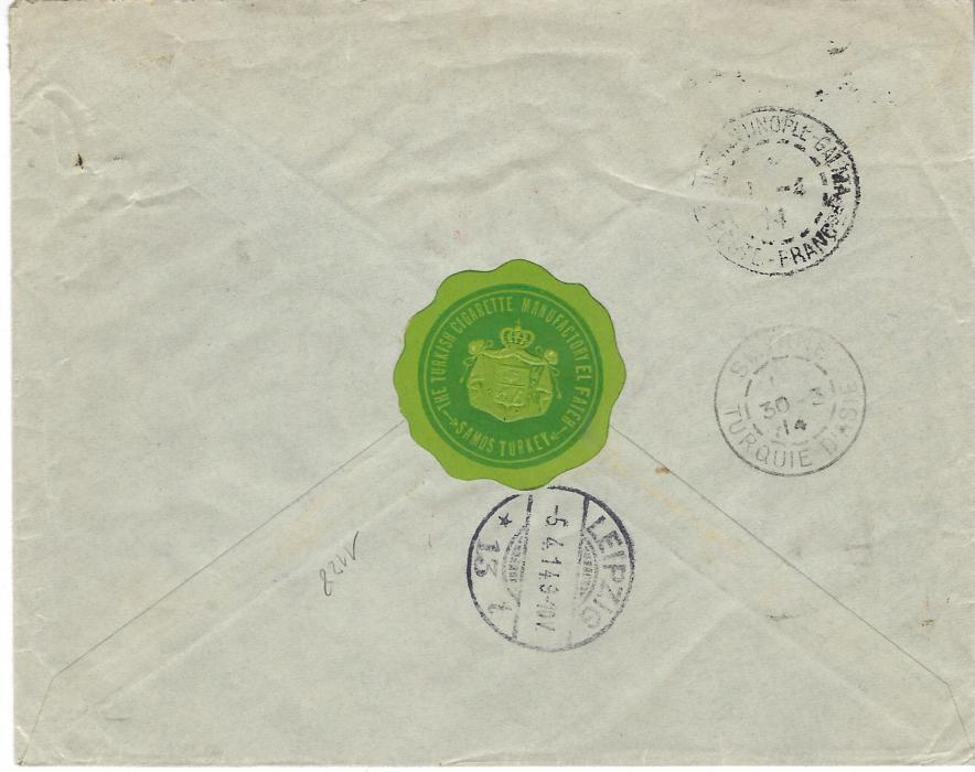 Greece (Samos) 1914 registered cover to Leipzig, germany, franked 50 lepta tied by Vathy cds, red registration handstamp alongside with manuscript number, reverse with Smyrne Turquie D’Asie transit and Constantinople – Galata transit plus arrival cds that just ties the Cigarette Company scallop seal.