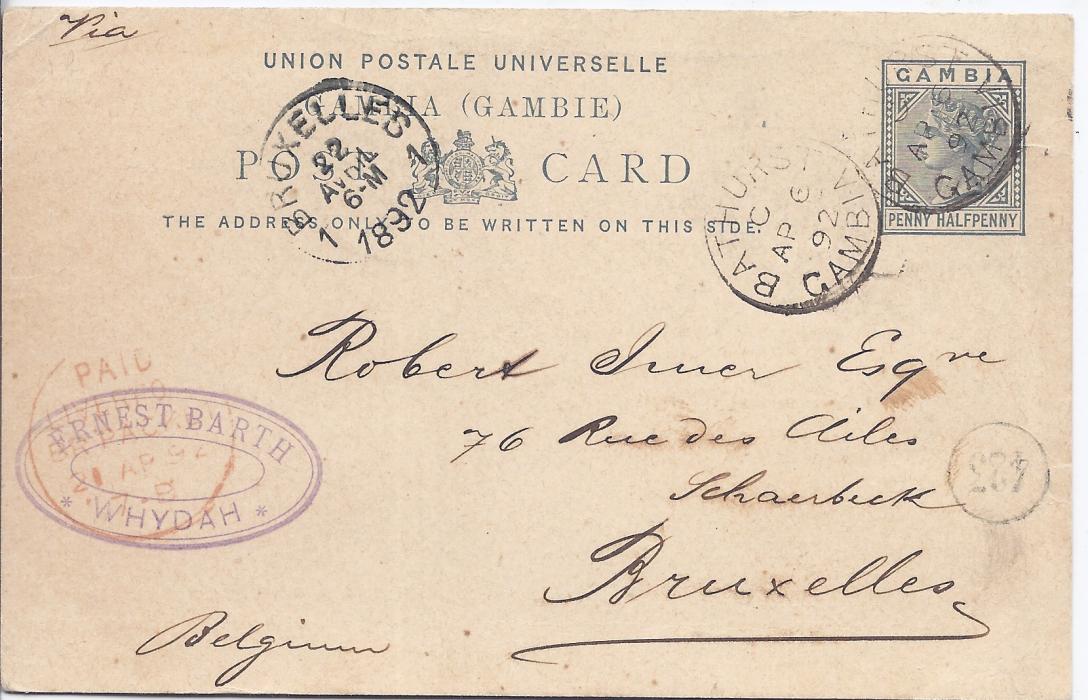 Gambia 1892 Penny Halfpenny postal stationery card to Belgium cancelled Bathurst cds, Paid London Br Packet transit at left, Bruxelles arrival cds and postmans handstamp; full message on reverse.