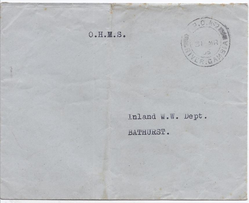 Gambia 1936 (31 MR) internal stampless O.H.M.S. envelope addressed to 