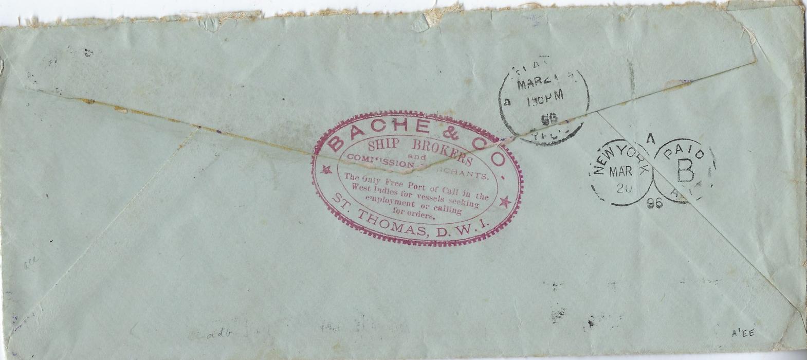 Danish West Indies 1896 long envelope from ‘United States Consulate at St Thomas’ to Portland, ME, franked pair and strip of four ‘10/ CENTS/ 1895’ on 50c. cancelled by St Thomas cds, reverse with New York transit and arrival cds, front and back with Ship Brokers handstamp; some faults at top of envelope, a fine multiple, scarce franking.