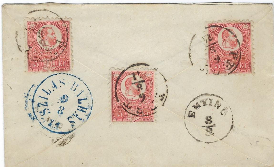 Hungary Undated 1870s cover to Czoran franked on reverse with three 5kr. brick-red and tied Pest cds, transit at right and blue Szilas Balhas cds, front bearing framed Ajonlott handstamp; fine condition.