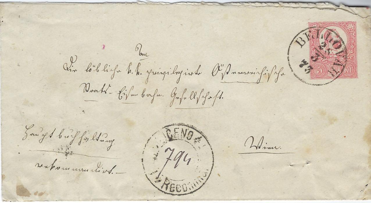 Hungary 1873 5Kr. postal stationery envelope cancelled Bellovar date stamp and registered to Vienna by addition of two further 5Kr. on reverse and similarly cancelled.