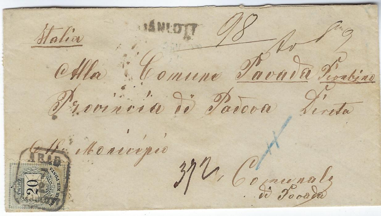 Hungary (Administration of Romania) 1878 registered envelope to the village of Tovada, near Padua, Italy, franked 20ft with further 10ft on reverse, tie by boxed Arad date stamp, reverse with Campo Sampiero transit and arrival cds.