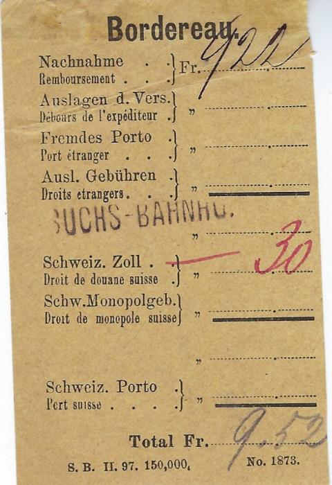 Hungary (Illustrated Advertising Parcel Card) 1897 5kr. stationery card, uprated 3kr (2) and 50kr cancelled Versecz date stamp and addressed to Winterthur, Switzerland, Buchs Bahnhof transit and on reverse Staatabahnhof * Wien transit. The label over the transport company’s illustration removed.