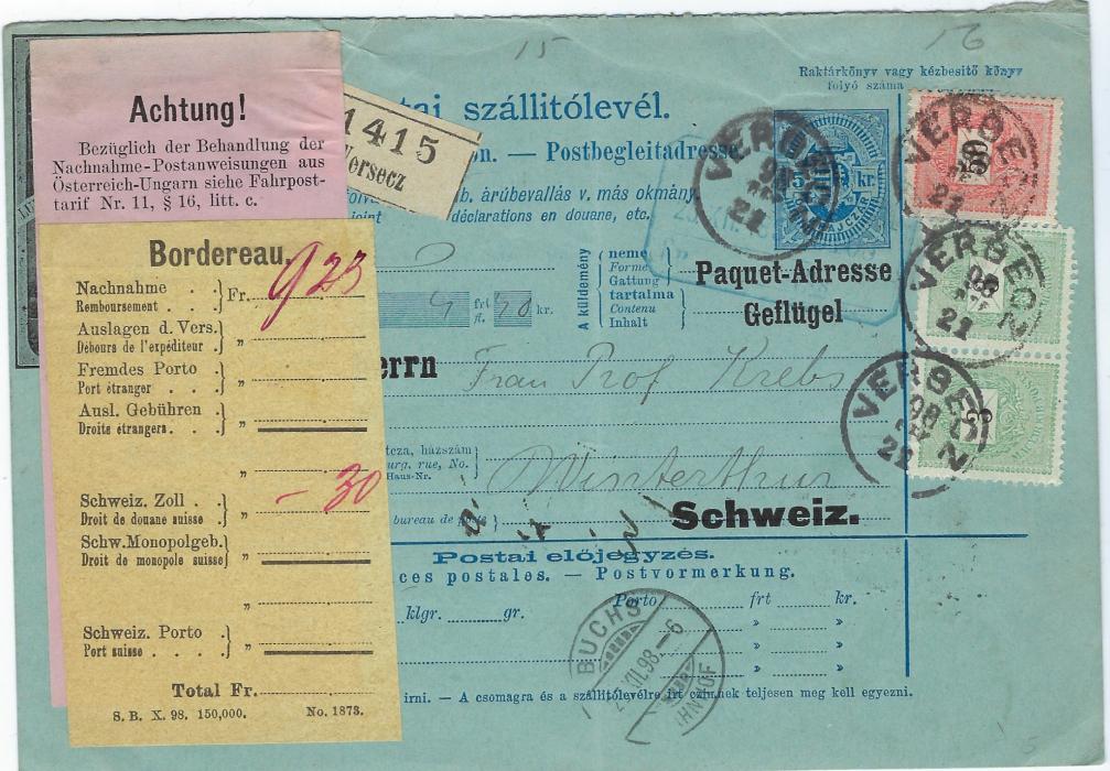 Hungary (Illustrated Advertising Parcel Card) 1897 5kr. stationery card, uprated 3kr (2) and 50kr cancelled Versecz date stamp and addressed to Winterthur, Switzerland, Buchs Bahnhof transit and on reverse Staatabahnhof * Wien transit. Labels over Companys image.