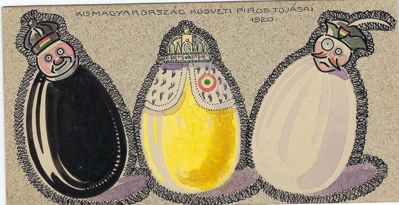 Hungary (Hand Illustrated Card) 1920 hand painted card registered to Mezokovesa with multiple franking and Milan Red Cross label, tied  Gyor 4 cds, the other side with fine handpainted image of three decorated eggs.