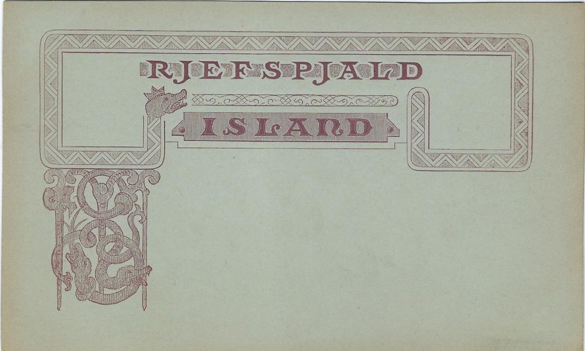 Iceland 1879 5a postal stationery proof of frame and background only in purple brown, on bluish grey paper stock; good condition.