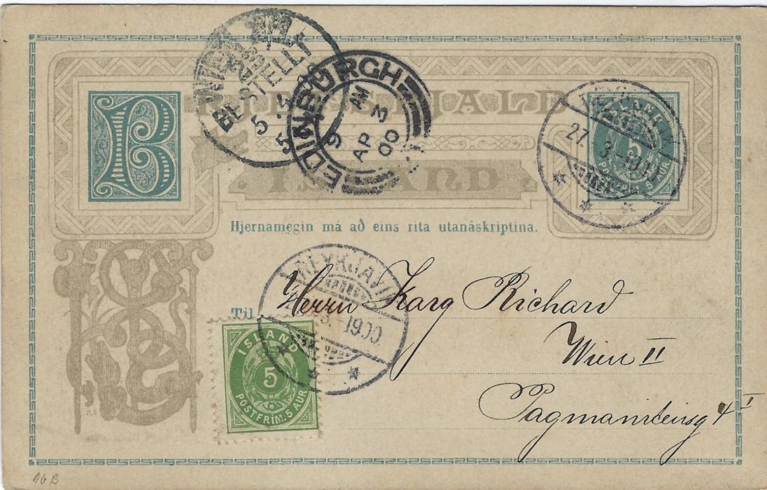 Iceland (Picture Postal Stationery) 1900 5a. card Reykjavik to Vienna via Edinburgh, uprated 5a. green, reverse  inscribed ‘Gruss aus Geysir’ showing the geyser erupting                                    