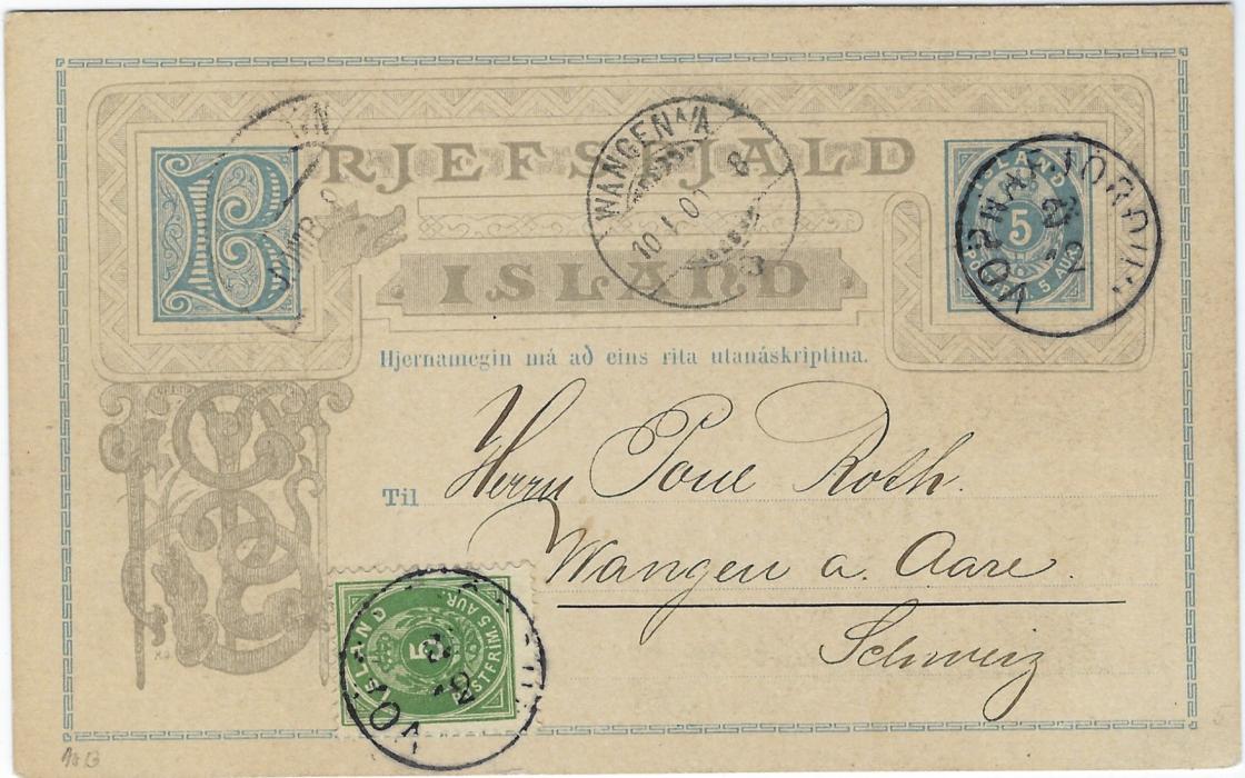 Iceland (Picture Postal Stationery) 1902 5a. card Vopnafjordur to Wangen a/A, Switzerland        , uprated with 5a. green, reverse bearing picture of the erupting volcano, fine and scarce.