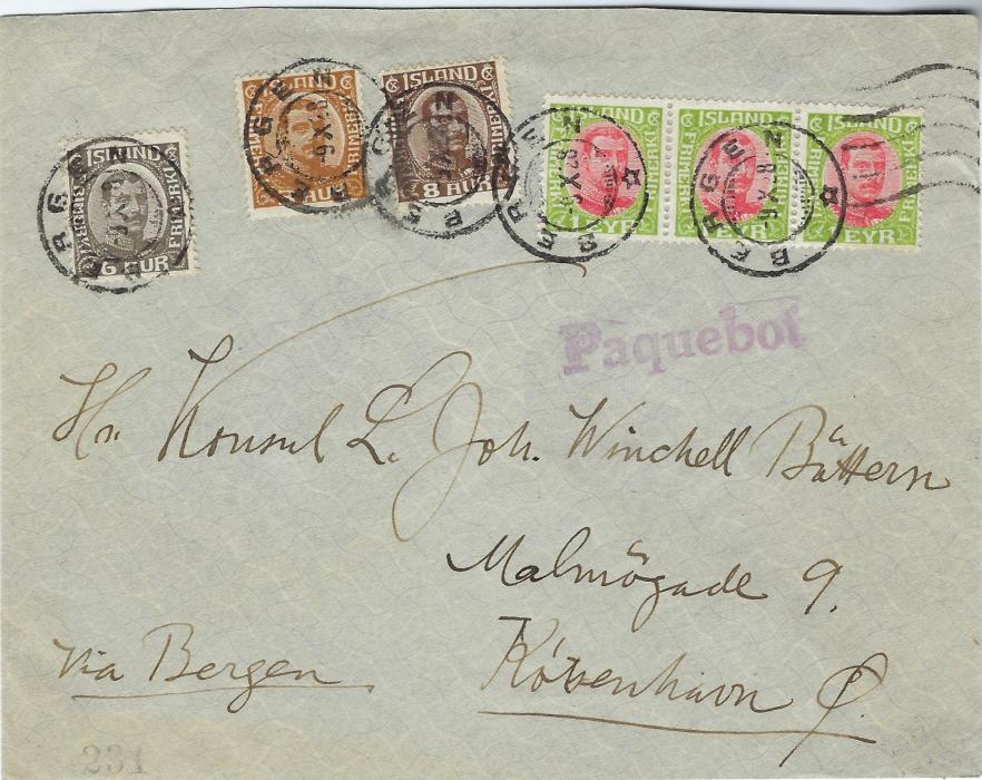 Iceland 1928 cover to Copenhagen franked Chritian X 1eyr (3), 3a., 6a. and 8a. tied Bergen cds  of Norway in transit with straight-line Paquebot handstamp; fine condition.                                          