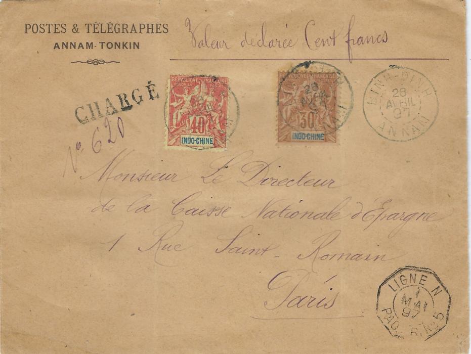 Indo-China 1897 Value Declared (100 francs) registered cover to Paris franked 30c. and 40c. tied Binh-Dinh Annan cds, straight-line CHARGE alongside with manuscript number, bottom right with French maritime Ligne N Paq. Fr. No.5 date stamp of 1 Mai, insurance handstamp on reverse, various local transits and new French maritime cancel Ligne T Paq. Fr. No.4 date stamp of 9 Mai, arrival backstamp of 25 Mai; a couple of light vertical filing creases.