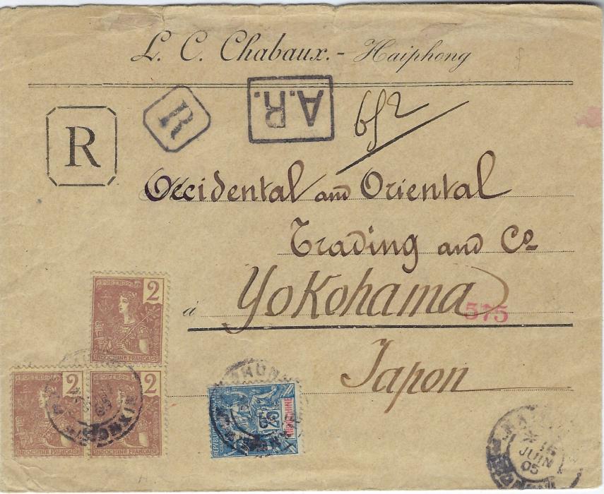 Indo-China 1905 A.R. registered cover from Haiphong to Yokohama, Japan bearing mixed issue franking of 25c. group type and Grasset 2c with three on front and twenty-one on reverse, to make up the 75c. rate. The obverse bears two different framed ‘R’ handstamps and framed ‘A.R.’; good clean condition.