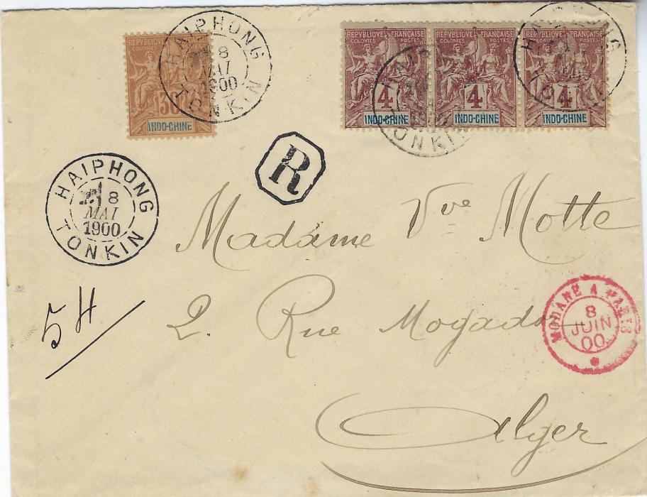 Indo-China 1900 registered cover to Alger franked 30c. and strip of three 4c. cancelled Haiphong Tonkin cds, red French transit on front and arrival backstamp.