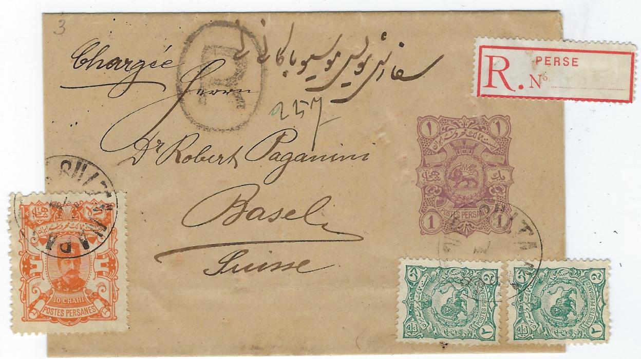 Persia 1897 1ch stationery wrapper to Basel, Switzerland, sent registered and uprated with two 2ch. and a 10ch., arrival backstamp on reverse.