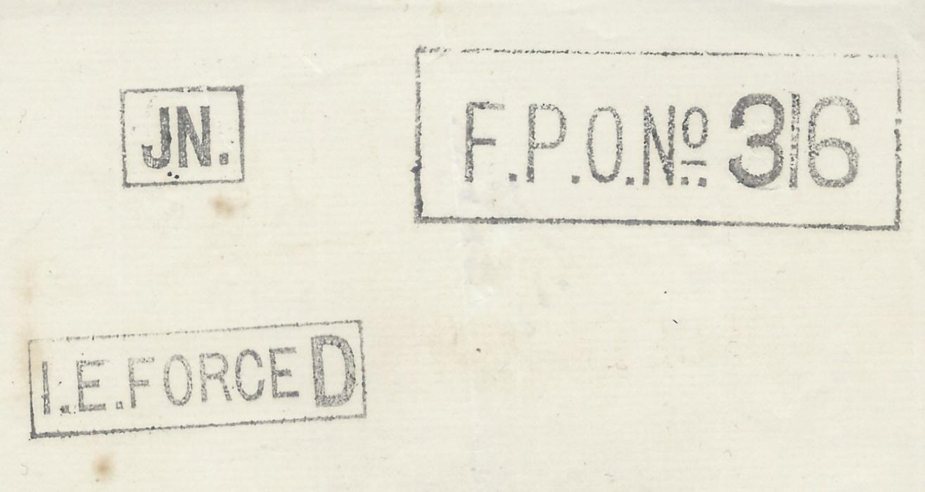 Iraq 1918 accumulation of current cancels on two pieces,  with reference to F.P.O. No. 316, a framed JN. and  I.E. Force D. Good condition. A collector had probably written to the FPO 316 post office requesting some sample cancels.