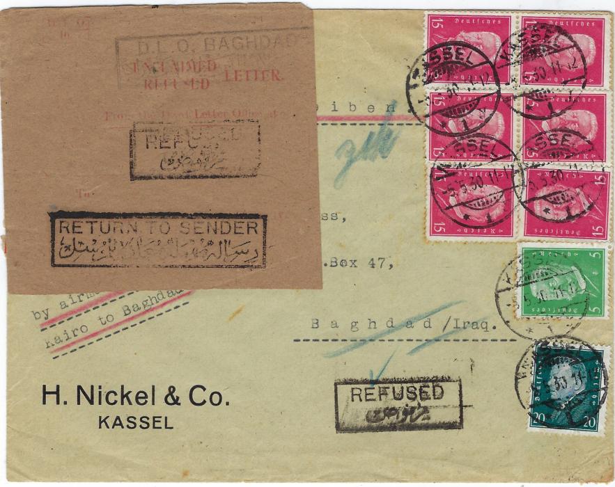 Iraq 1930 registered incoming airmail cover from Kassel, Germany to Baghdad, reverse with red manuscript “Refused” with signture and date, two framed D.L.O. Baghdad bilingual date stamps, the front bears two bilngual handstamps REFUSED, one of these at centre of brown Post Office paper together with D.L.O.Baghdad and RETURN TO SENDER, duly returned with Kassel arrival at centre on reverse.