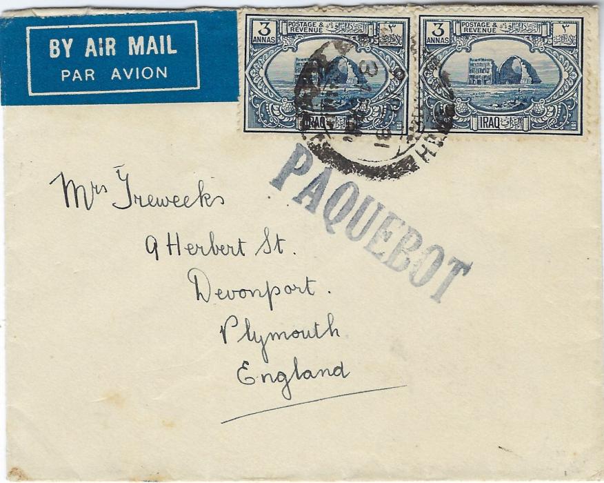 Iraq 1931 (9 Jul) cover to Plymouth  franked two 3a. tied unclear Busrah cds, airmail label at left and PAQUEBOT handstamp below.
