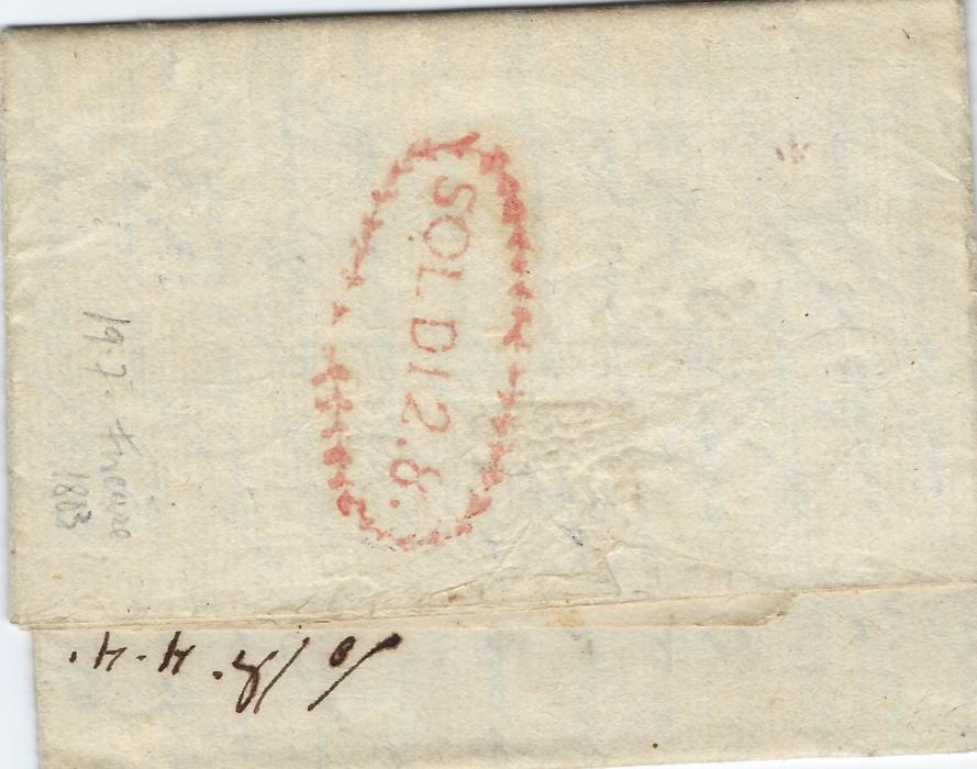 Italy 1803 entire from Firenze to Pienza bearing on reverse ornate-framed SOLDI 2.8. handstamp in red; fine and clean condition.