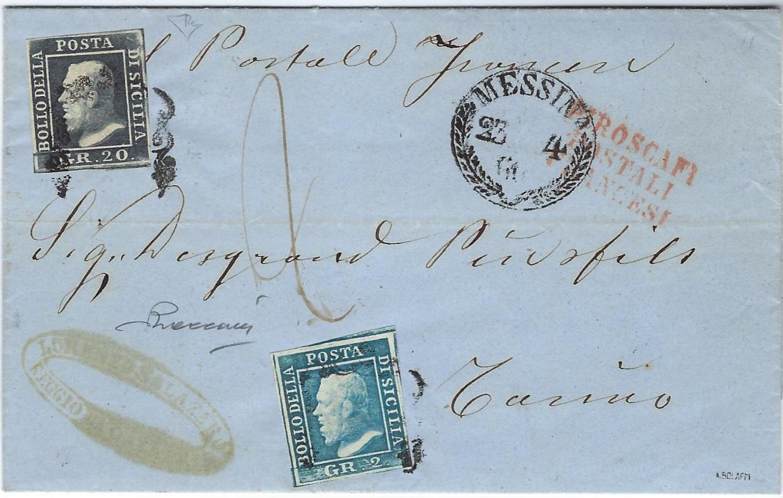 Italy (Sicily) 1860 entire to Torino franked 2 gr., plate III and 20 gr. dark slate (Sass 8 & 13c) tied ornate framed handstamp with fine strike of Messina date stamp to reight, red three-line POROSCAFI/ POSTALI/ FRANCESCI alongside, reverse with Genova transit and arrival date stamps. Both stamps with four margins; fine and clean condition. E. Dienna Certificate.