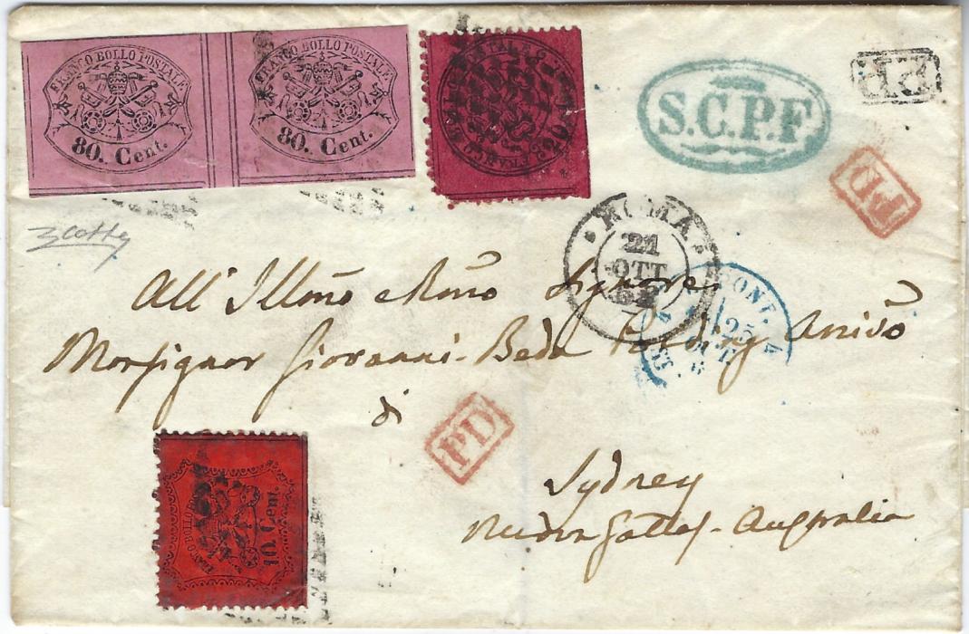 Italy (Papal States) 1868 outer letter sheet to Sydney, Australia franked imperforate 80 Cent horizontal pair , interspazio di gruppo together with a perforated 10c. and 20c., all with lozenge cancels, Roma cds (21 Ott), small framed PP and two PD, arrival backstamp of DE 25. Extremely scarce inter-panneau pair with one touched margin at top, to an equally rare destination.