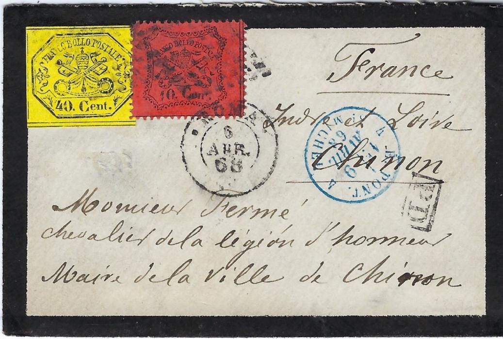 Italy (Papal States) 1868 mourning envelope addressed to a “Chevalier de la Legion d’honneur/ Mayor of Chinon”, franked imperf 40c. and perforated 10c.; fine and attractive.