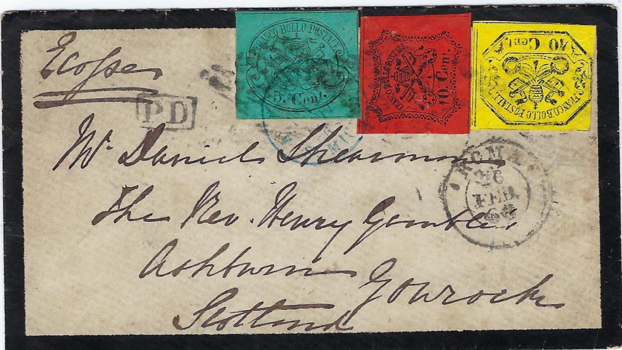 Italy (Papal States) 1866 ladies mourning envelope to Gourock, Scotland bearing three colour imperf franking, reverse with Edinburgh tarnsit and arrival cds.