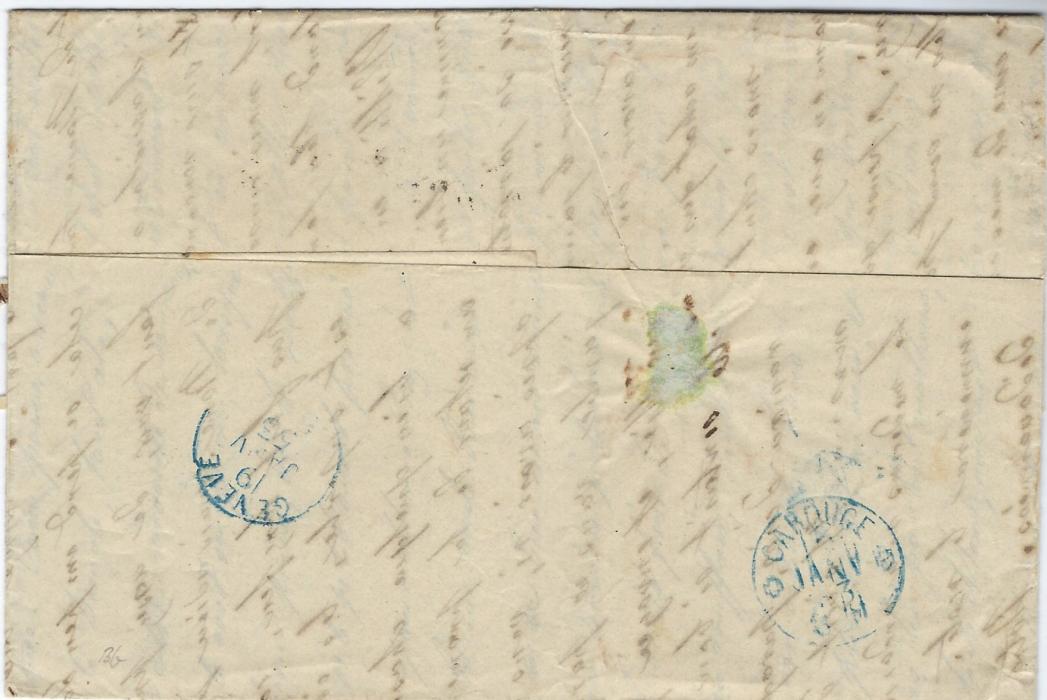 Italy (Papal States) 1853 entire to Geneva, Switzrland bearing single franking four margined 5 baj. tied Roma cds, two-line VIA DE/SALZANA and single-line T.S.2., reverse with blue Carouge and Geneve cds; good condition.
