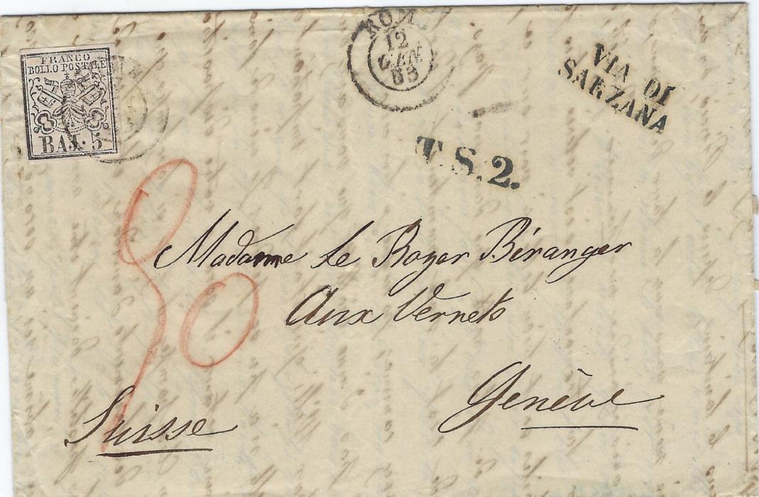 Italy (Papal States) 1853 entire to Geneva, Switzrland bearing single franking four margined 5 baj. tied Roma cds, two-line VIA DE/SALZANA and single-line T.S.2., reverse with blue Carouge and Geneve cds; good condition.