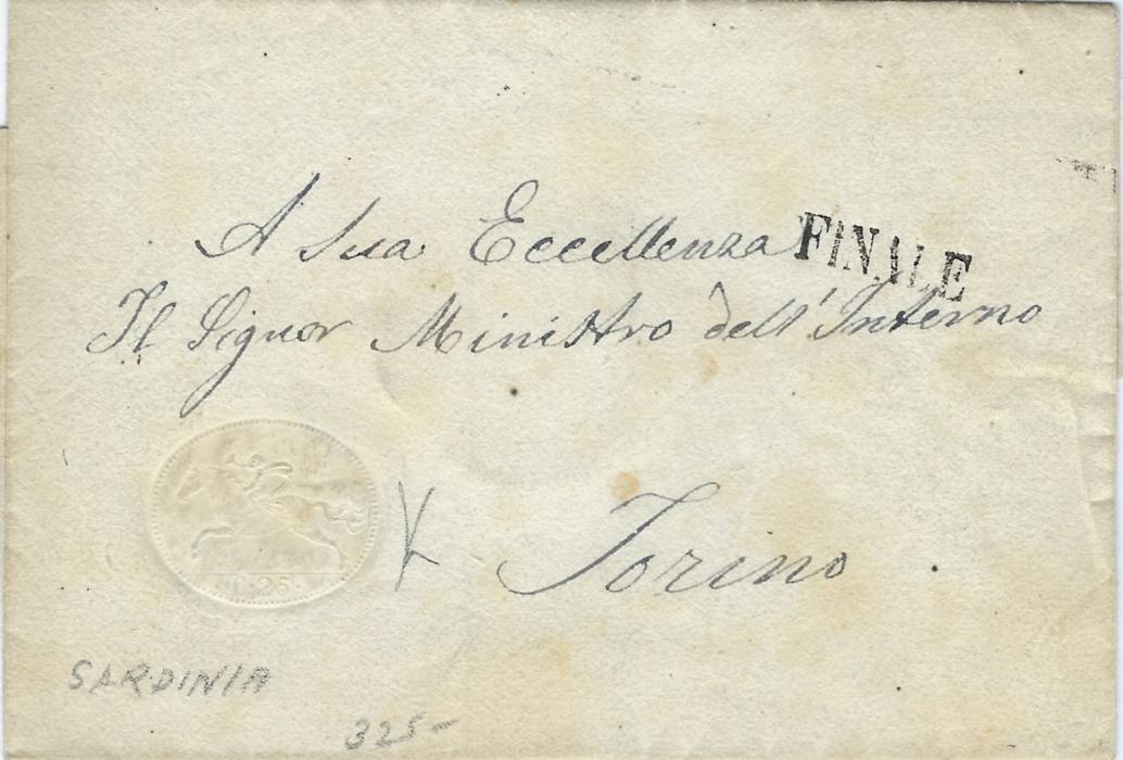 Italy (Sardinia) 1820s outer letter sheet to “Minister of Interior”, Torino with at left oval colourless embossed 25c., at right straight-line FINALE handstamp;  good condition.