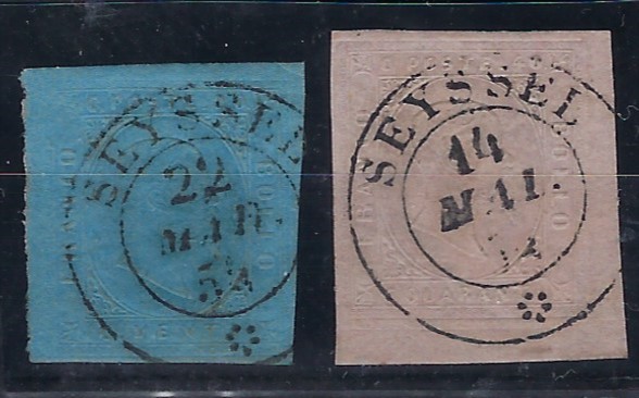 Italy (Sardinia) 1853 colourless embossed 20c. blue and 40c. rose both with large part double-ring Seyssel date stamps, the 20c. with four close margins, the 40c. a bottom right corner marginal; fine condition.